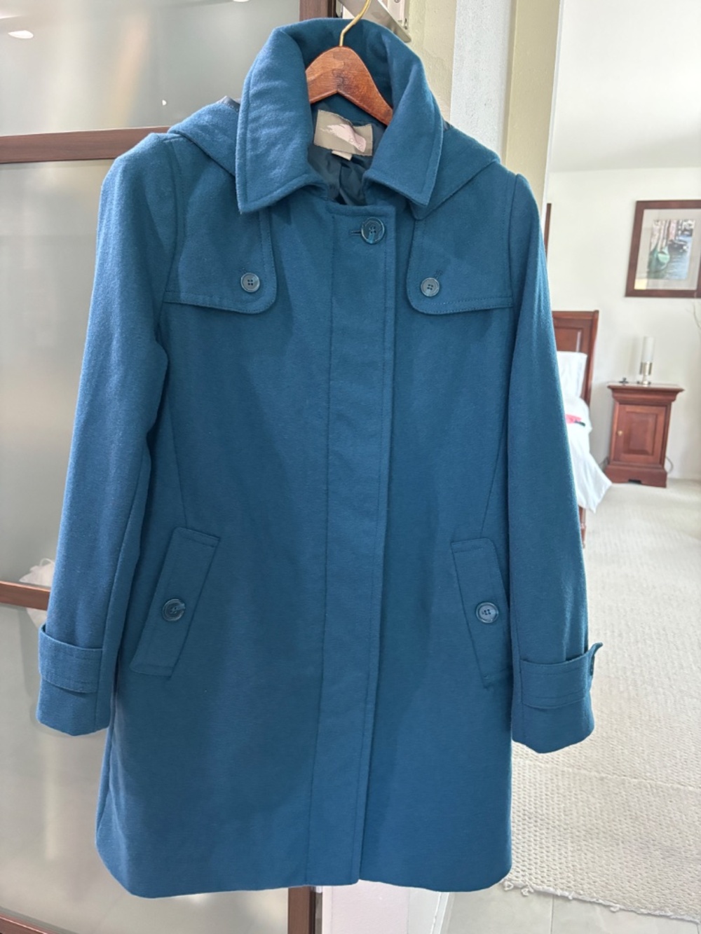 Forever 21 Wool Blend Hooded Pea Coat - Teal Blue Size M - Picture 3 of 11
